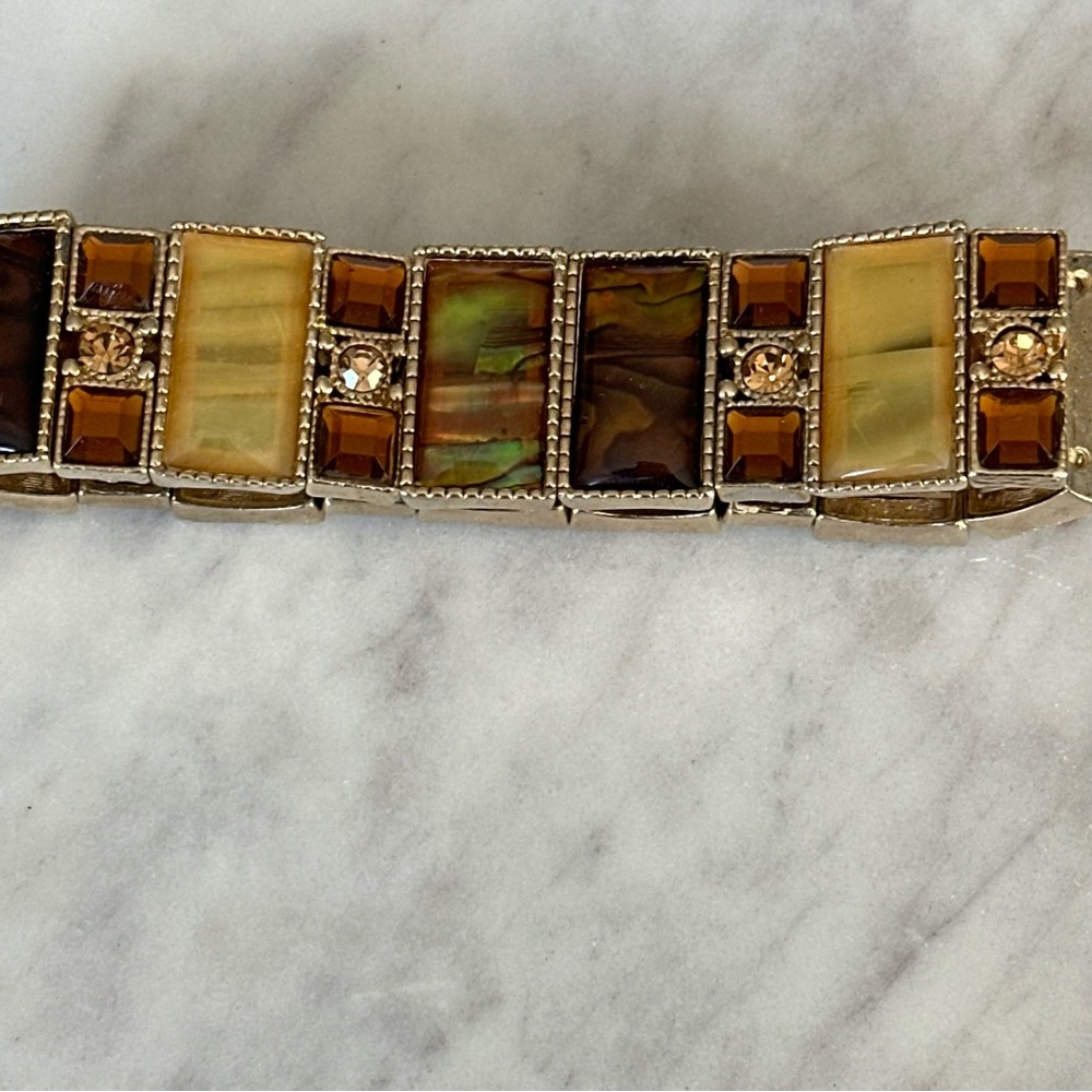 Gold-Tone Brown & Amber Rectangular Stretch Brace… - image 4